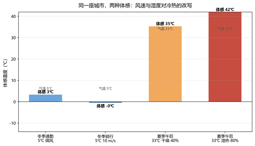 四类典型场景下的气温与体感温度的对比
